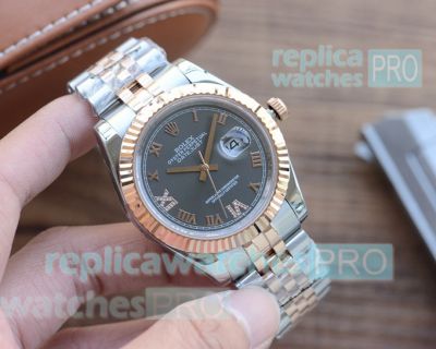 Copy Rolex Datejust Black Roman Dial Two Tone Jubilee Watch 41MM